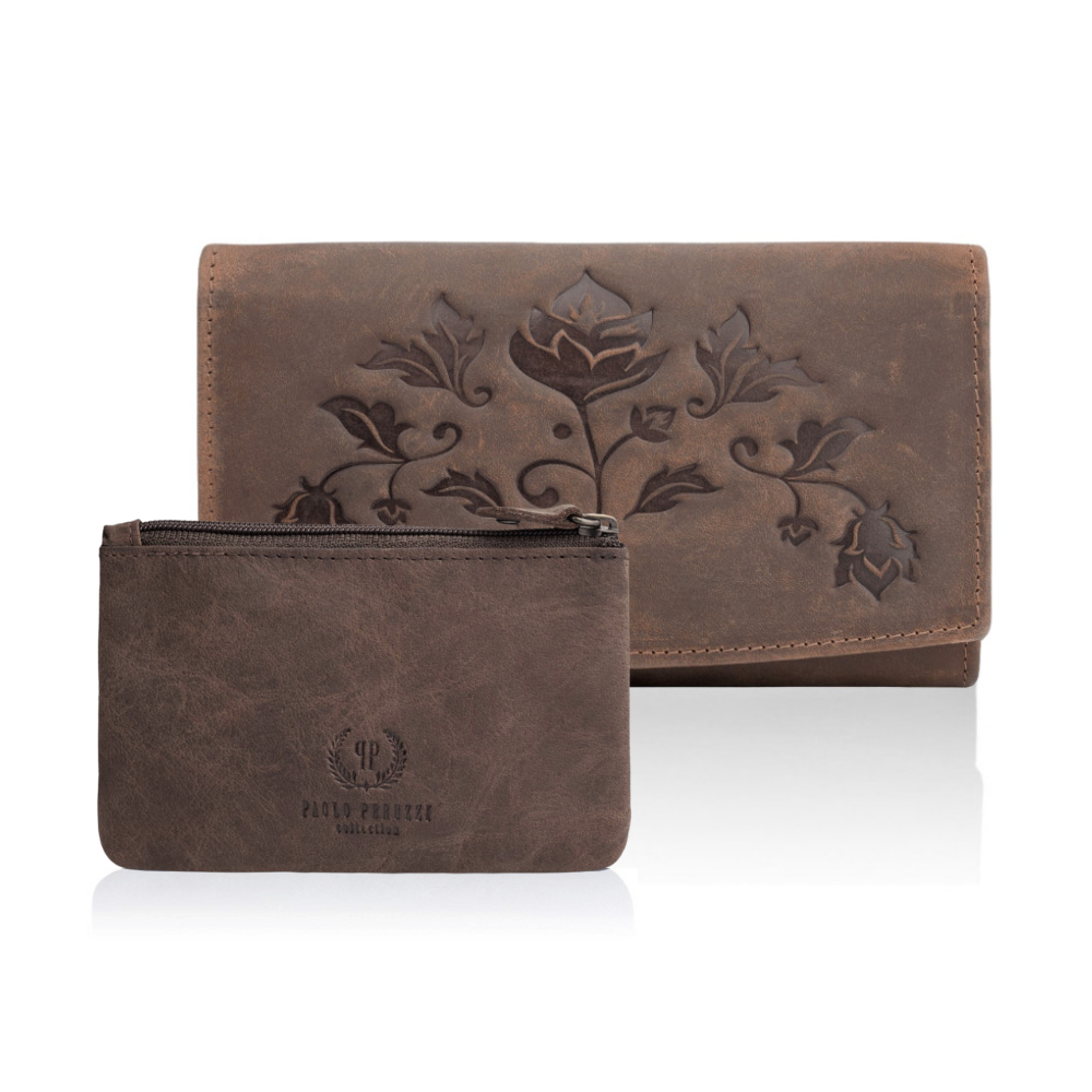 Portfel damski skórzany w kwiaty vintage T-01 skórzane etui na klucze brązowe T-51 zestaw prezentowy ZUP-36-BR