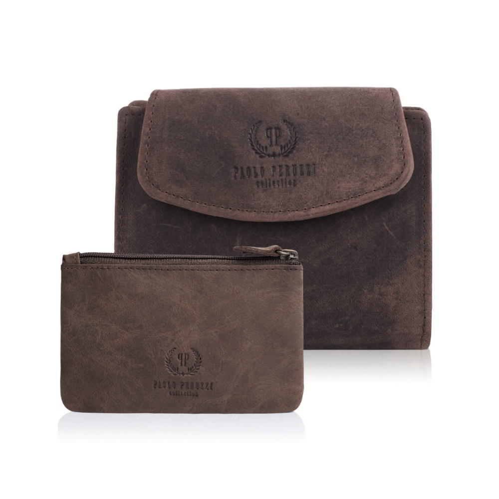 Mały portfel damski skórzany vintage T-12-HBR etui na klucze brązowe T-51-BR zestaw upominkowy ZUP-40-BR