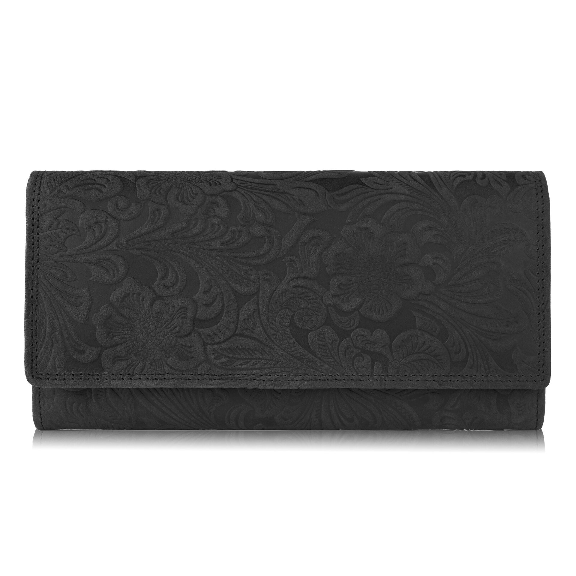 Portfel damski skórzany vintage czarny w kwiaty z ochroną RFID T-25-BL