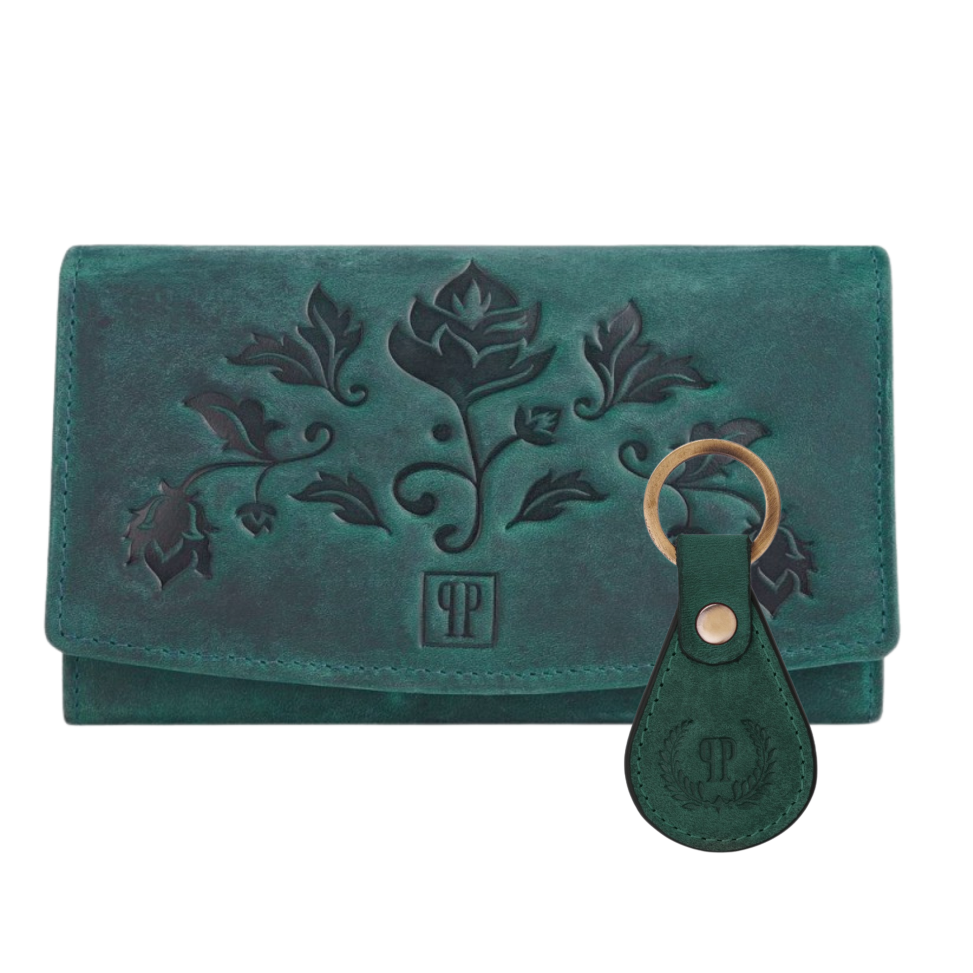 Bestsellerowy portfel damski skórzany duży vintage T-01 zielony brelok do kluczy T-85 zestaw prezentowy ZUP-99-GR