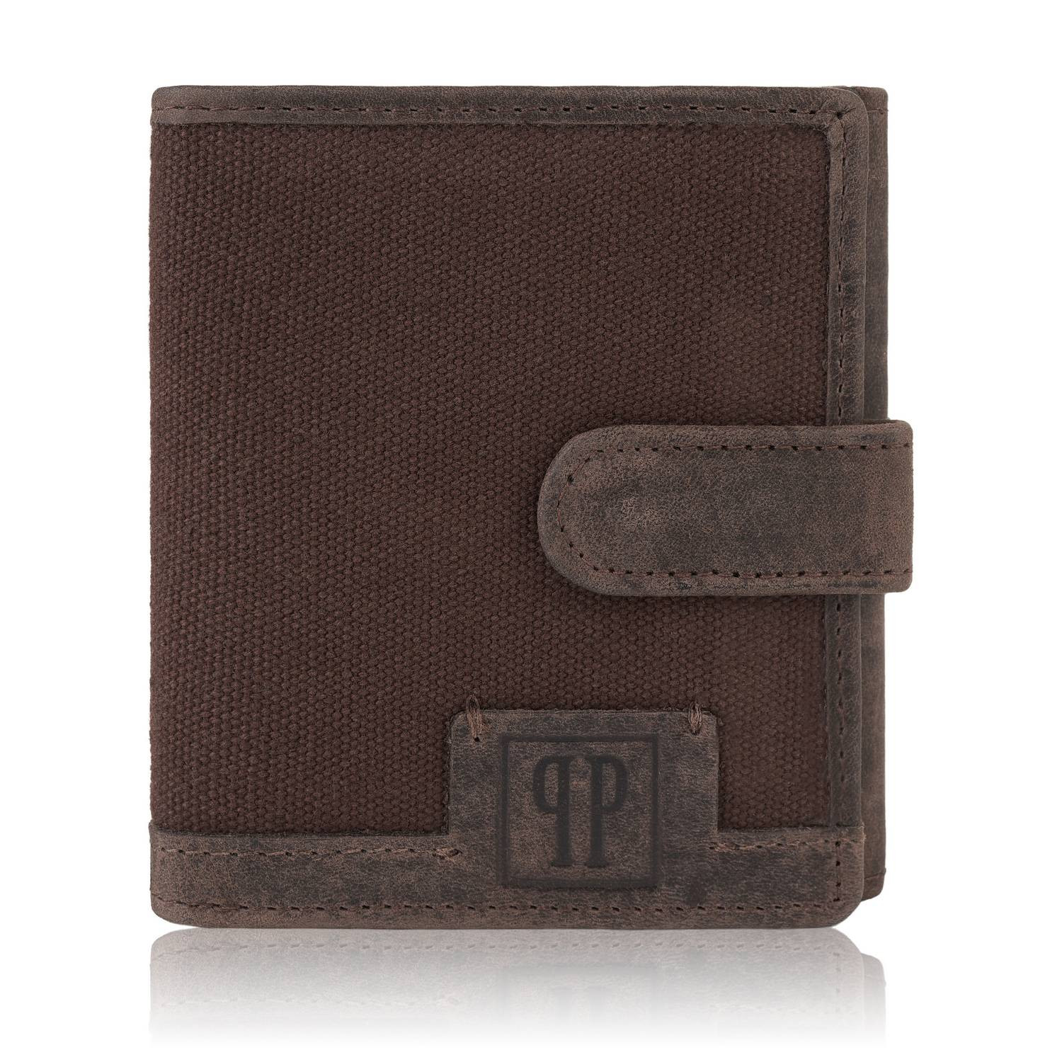 Portfel męski z materiału zapinany na napę brązowy vintage pionowy T-04-BR