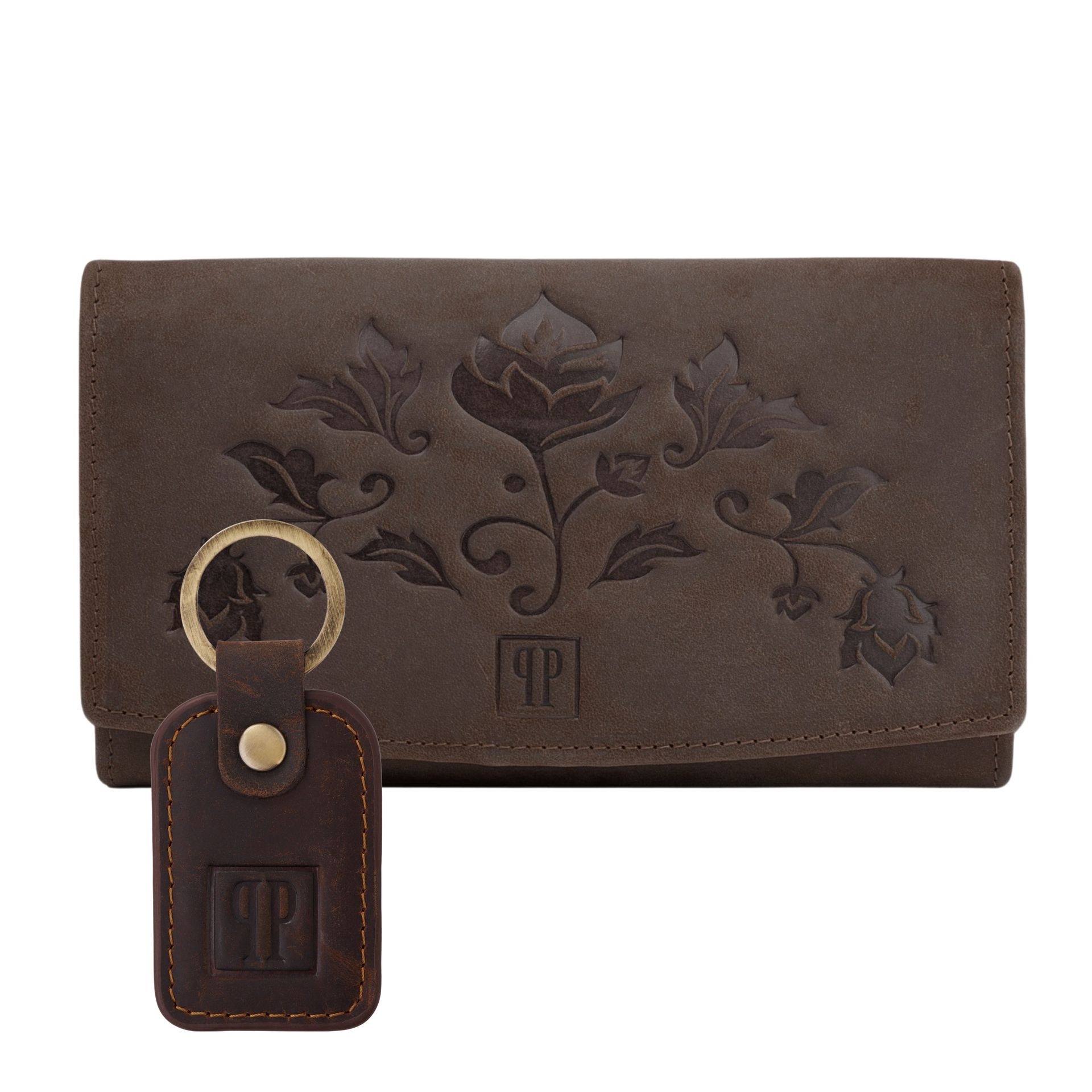 Portfel damski skórzany vintage + brelok do kluczy brązowy zestaw prezentowy ZUP-104-BR