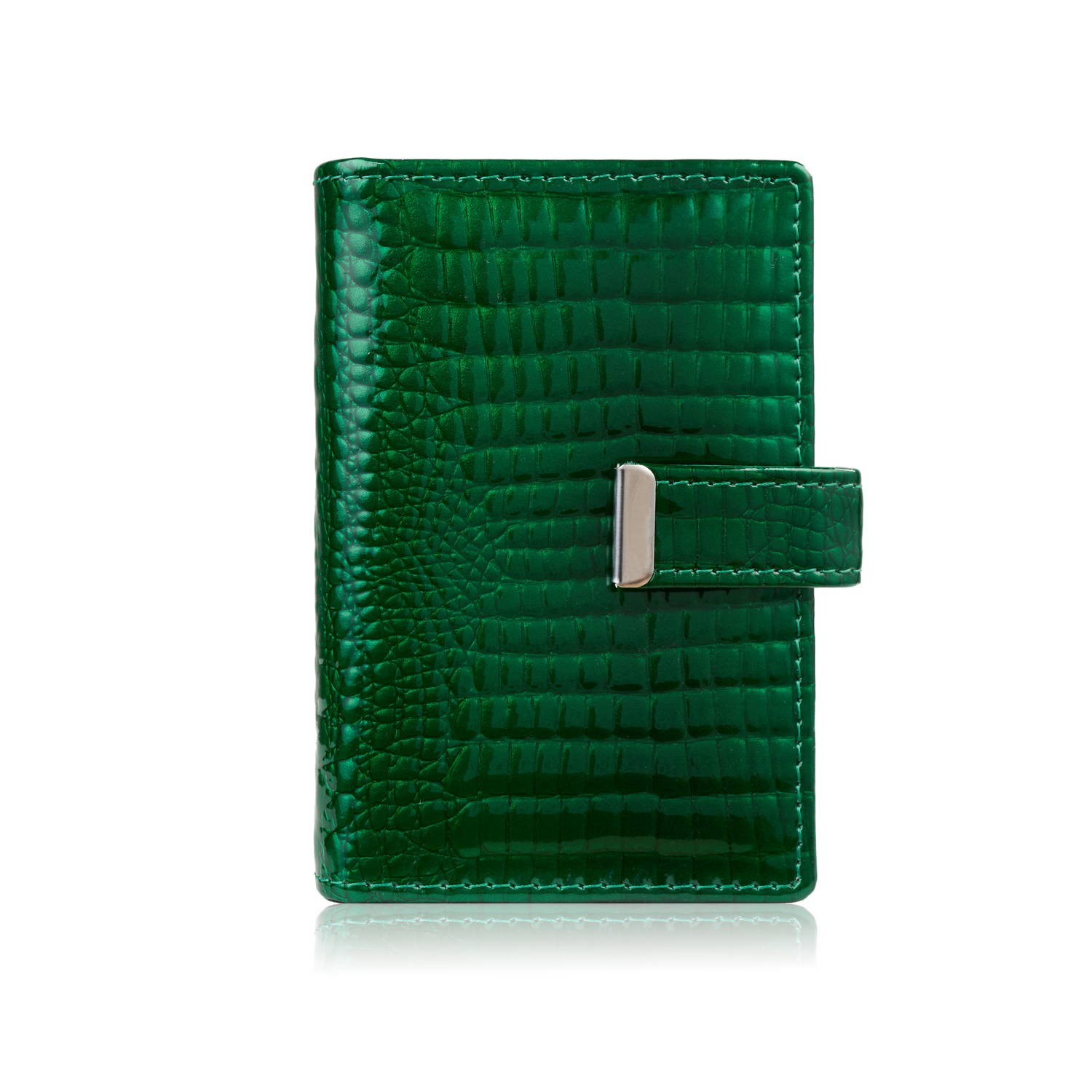 Skórzane etui na karty lakierowane zielone croco SP-15-CGRN