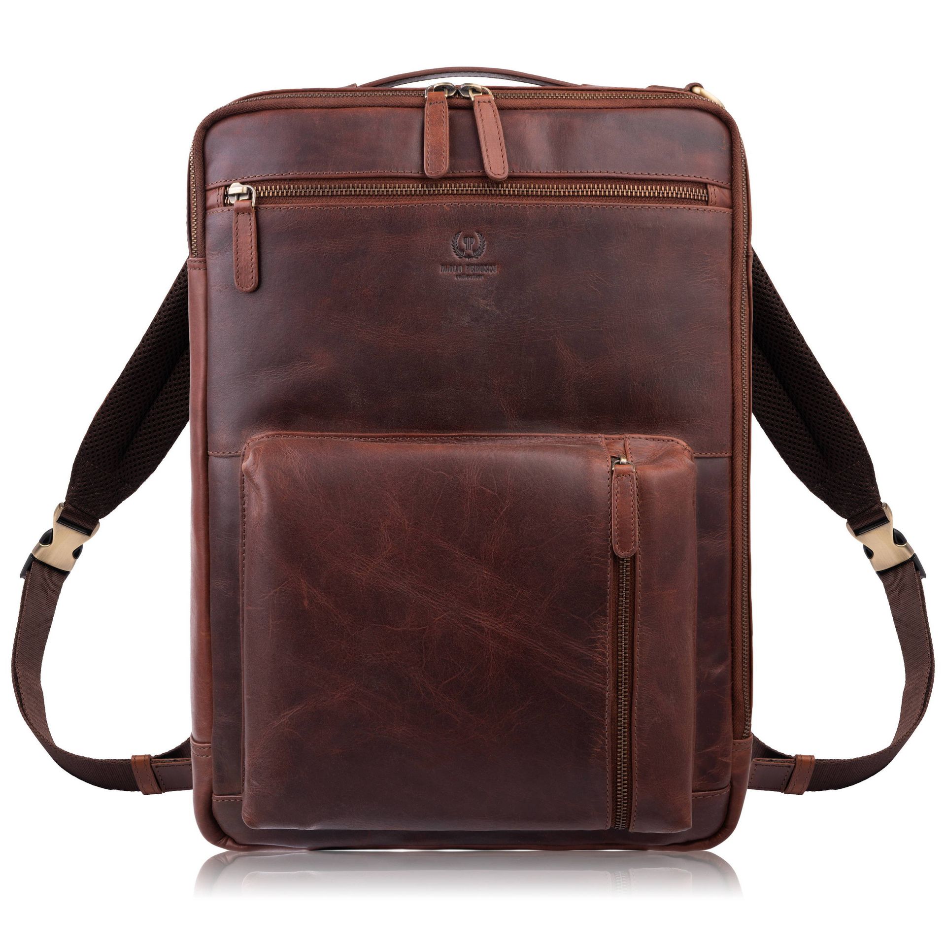 Plecak skórzany miejski do pracy premium na laptopa koniakowy unisex Paolo Peruzzi AY-31-CG
