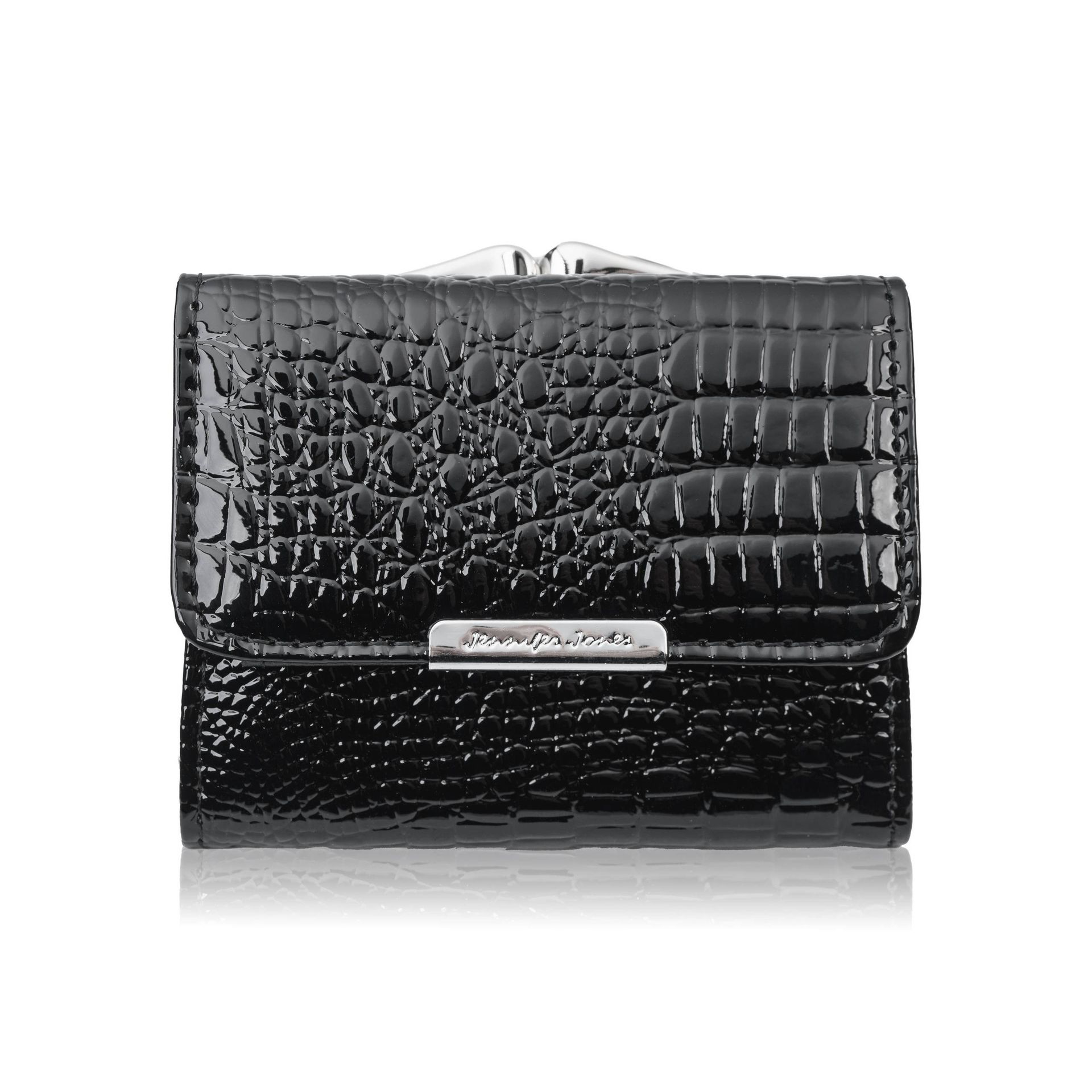 Portfel damski mini skórzany czarny lakierowany z tłoczeniem croco Jennifer Jones SP-28-CBL