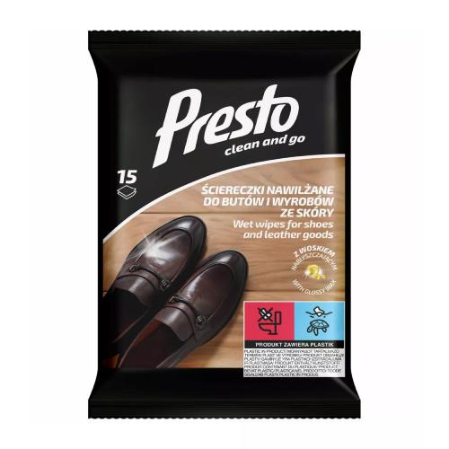 PRESTO Clean and Go Ściereczki nawilżane do butów i wyrobów ze skóry, 15 szt.