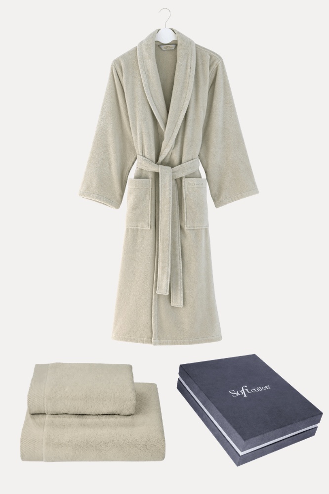 Unisex szlafrok MICRO COTTON + ręczniki + pudełko S Beżowy