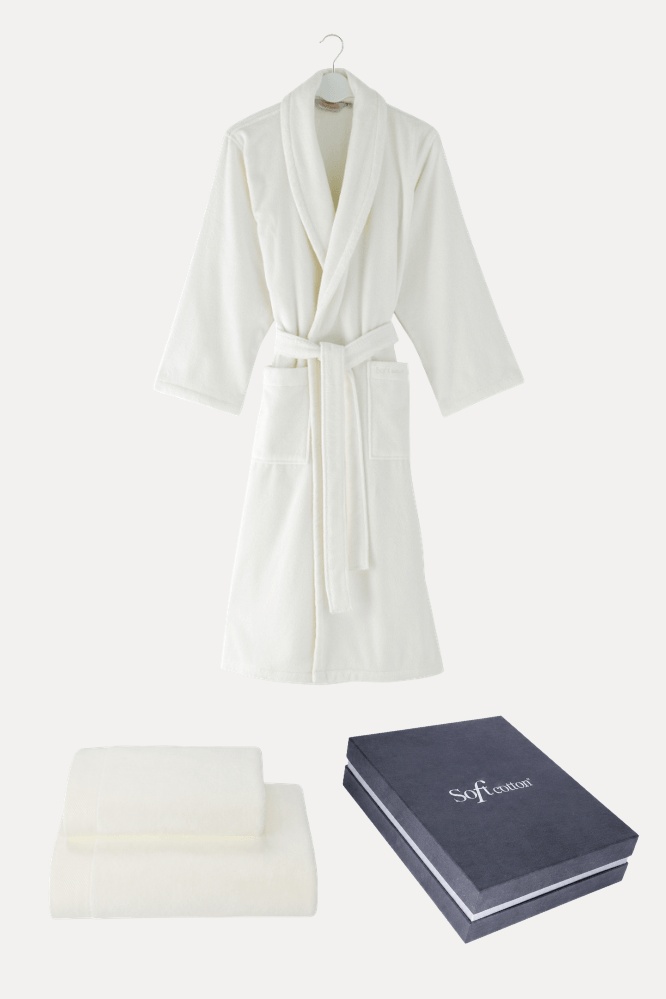Unisex szlafrok MICRO COTTON + ręczniki + pudełko S Śmietankowy