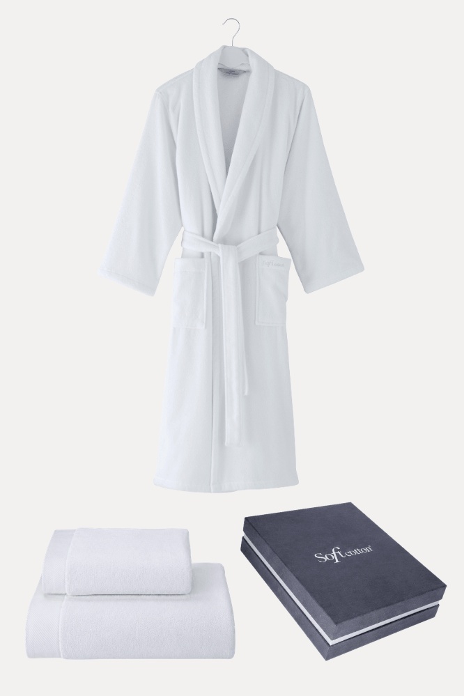 Unisex szlafrok MICRO COTTON + ręczniki + pudełko XL Biały