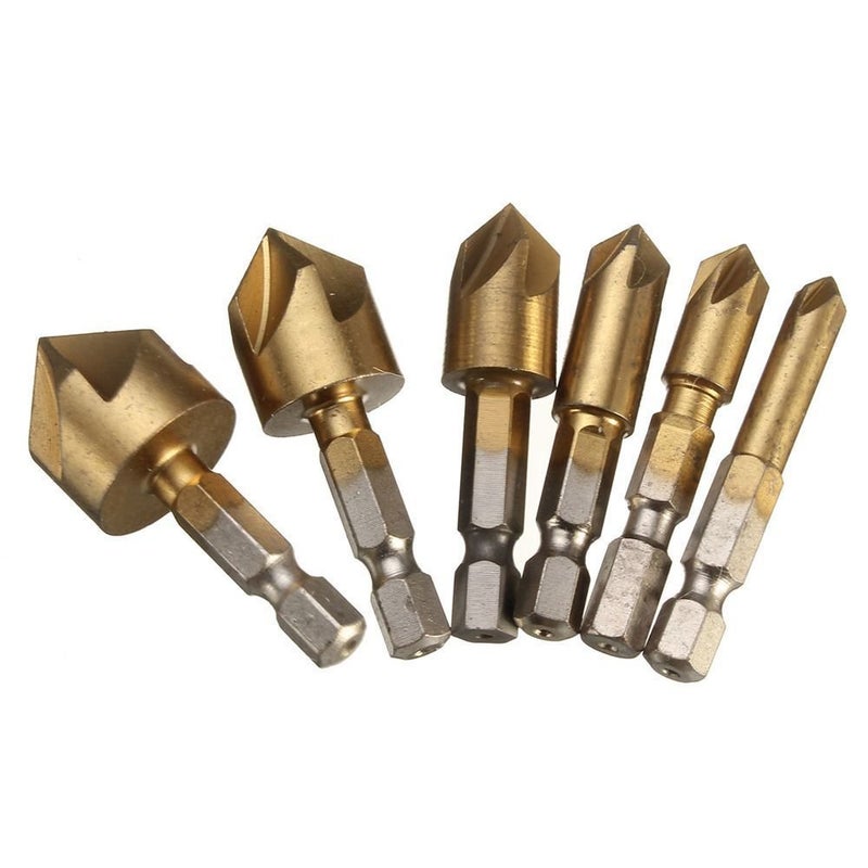 Zestaw 6 wierteł stożkowych z 5 ostrzami, trzpieniem sze��ciokątnym 6 mm, kątem 90 stopni, pokrytych tytanem. Rozmiary: 6 mm, 8 mm, 9 mm, 12 mm, 16 mm