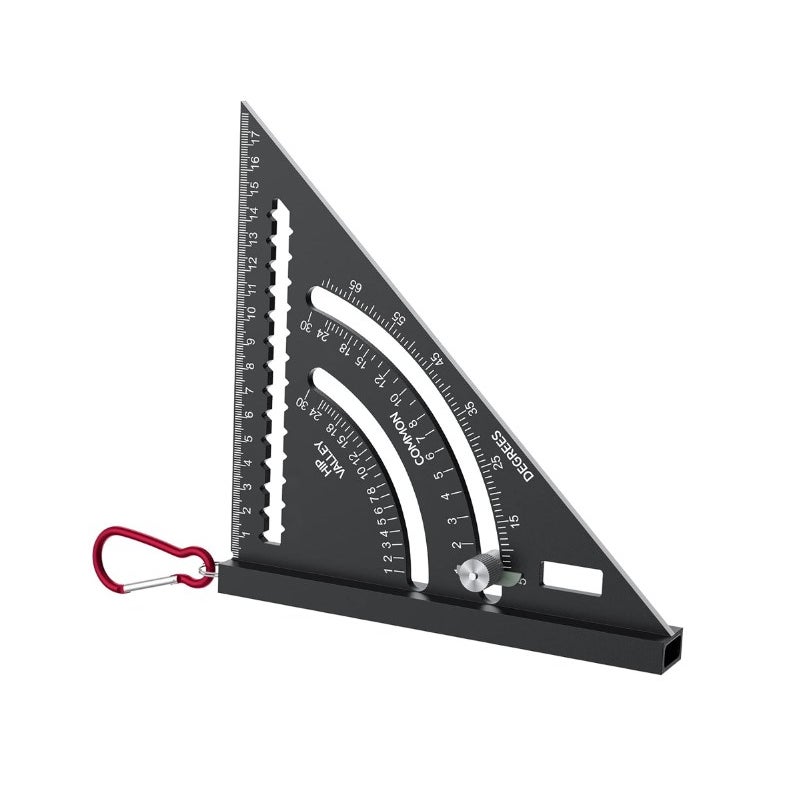Wielofunkcyjny trójkąt do obróbki drewna, wykonany ze stopu aluminium, 180 mm, kątomierz 0-90°, z haczykiem, otworem na kredę
