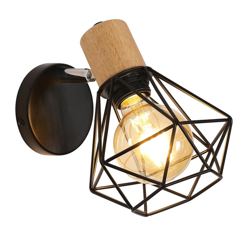 Kinkiet w stylu vintage industrialnym, obrotowa drewniana lampa ścienna, czarna metalowa i żelazna lampa klatkowa do sypialni, przedpokoju, salonu.