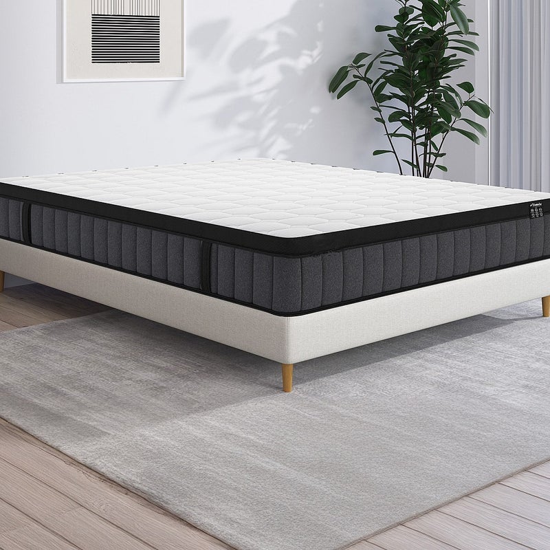 Materac 200 x 200 cm hybrydowy z 7 strefami kieszeniowymi sprężynami i żelem z pamięcią kształtu o grubości 25 cm - TOLCA od YSMÉE