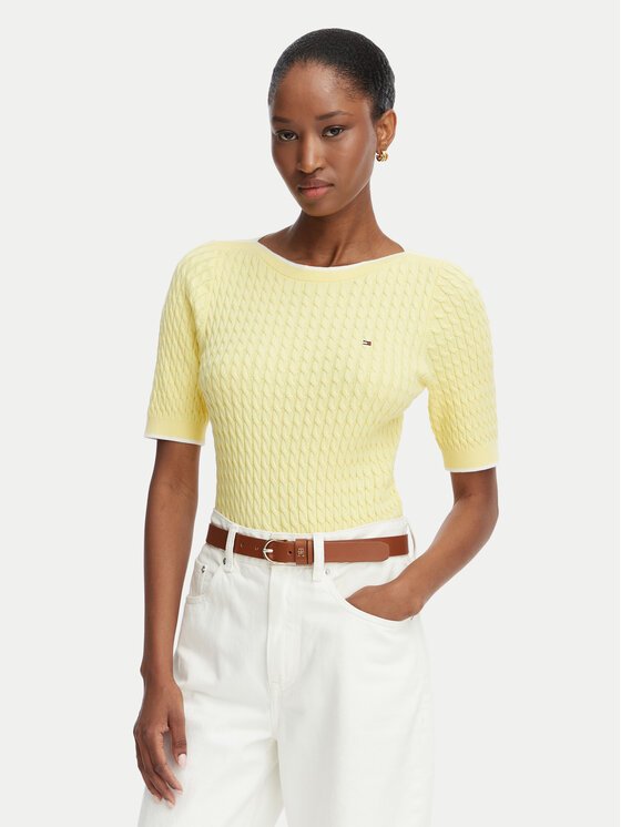 Tommy Hilfiger Sweter Fine Gg Cable Boat WW0WW50103 Żółty jasny Regular Fit