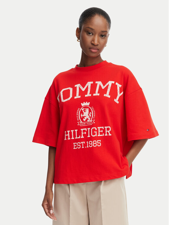 Tommy Hilfiger T-Shirt Varsity Crest WW0WW50940 Czerwony Oversize