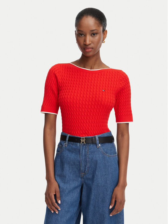 Tommy Hilfiger Sweter Fine Gg Cable Boat WW0WW50103 Czerwony Regular Fit