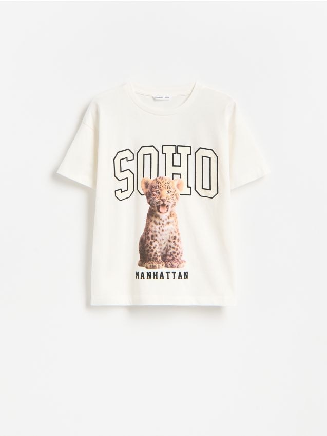 Reserved - Luźny t-shirt z nadrukiem - złamana biel