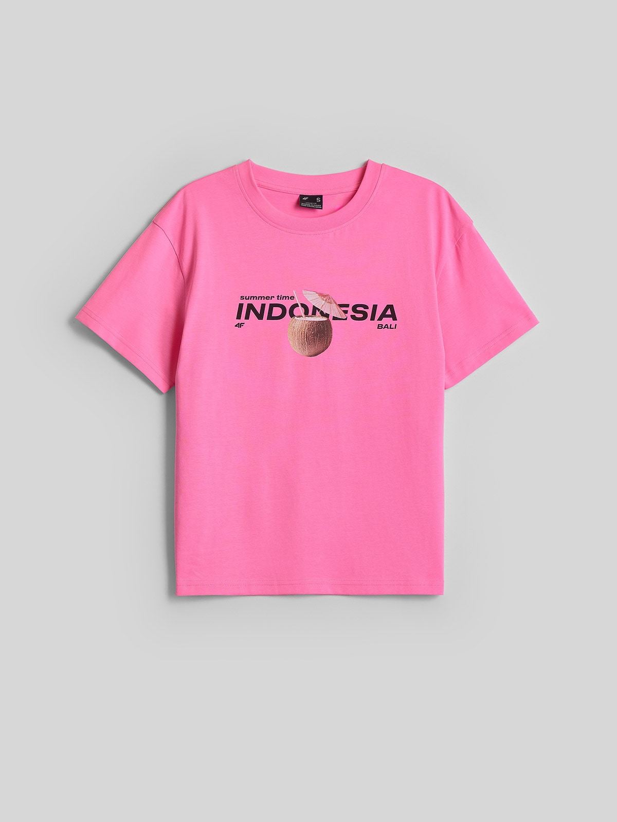 4F T-shirt loose z nadrukiem damski - różowy XS