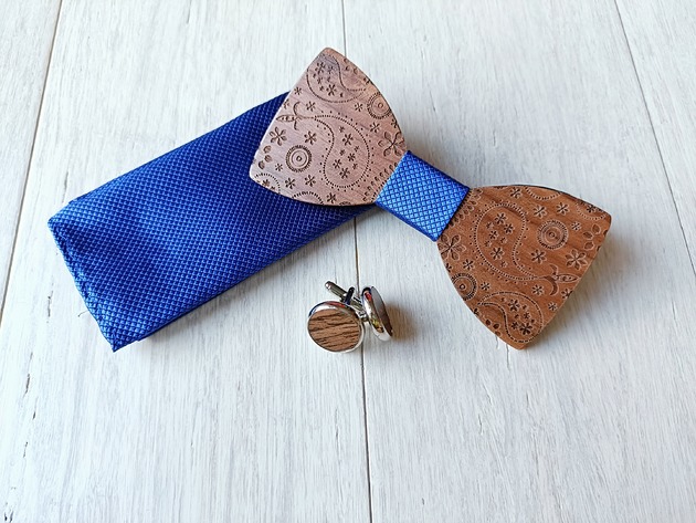 Zestaw z drewnianą muszką PAISLEY niebieski