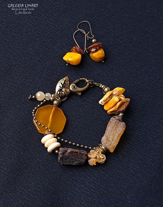 Bransoleta unikat z mixu minerałów. Boho z nutą vintage Prezent lux