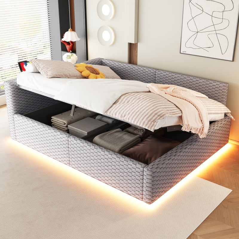 Łóżko tapicerowane 140 x 200 cm, z oświetleniem LED, taśmą C i dwoma portami USB, miękkie oparcie w kształcie litery L, tkanina aksamitna