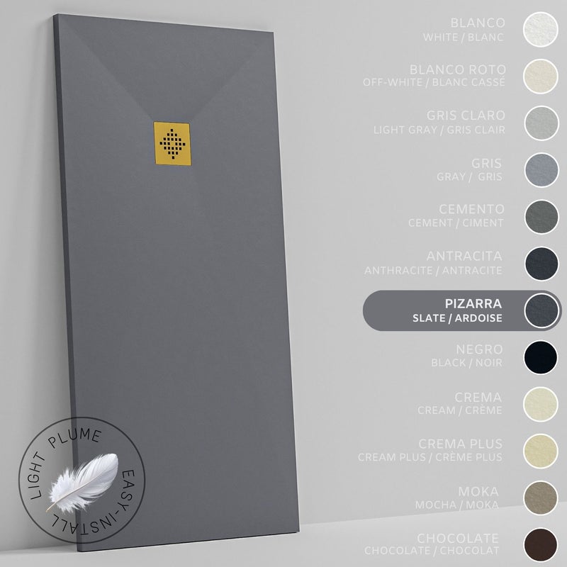 SOULHOME Lekki Brodzik z Żywicy tekstura Łupka łupkowy – 100x90- cm Ultra-płaski Zawiera Syfon i Kratkę Gold