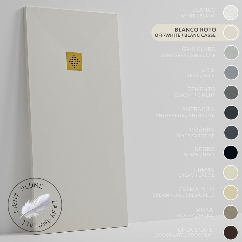 SOULHOME Lekki Brodzik z Żywicy tekstura Łupka złamana biel – 90x80- cm Ultra-płaski Zawiera Syfon i Kratkę Gold