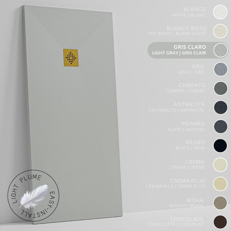SOULHOME Lekki Brodzik z Żywicy tekstura Łupka jasnoszary – 160x100- cm Ultra-płaski Zawiera Syfon i Kratkę Gold