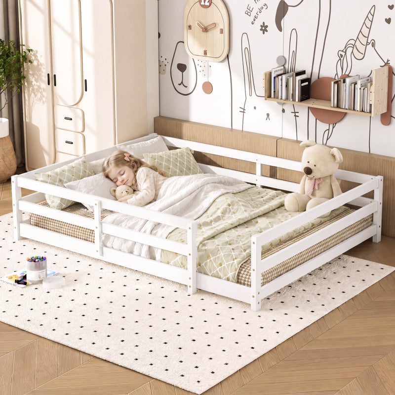 Łóżko piętrowe Montessori z 4-stronną kratką - pełna powierzchnia, nie wymaga ramy z listew, drewno sosnowe, łatwe w montażu (140x200 cm, biały)