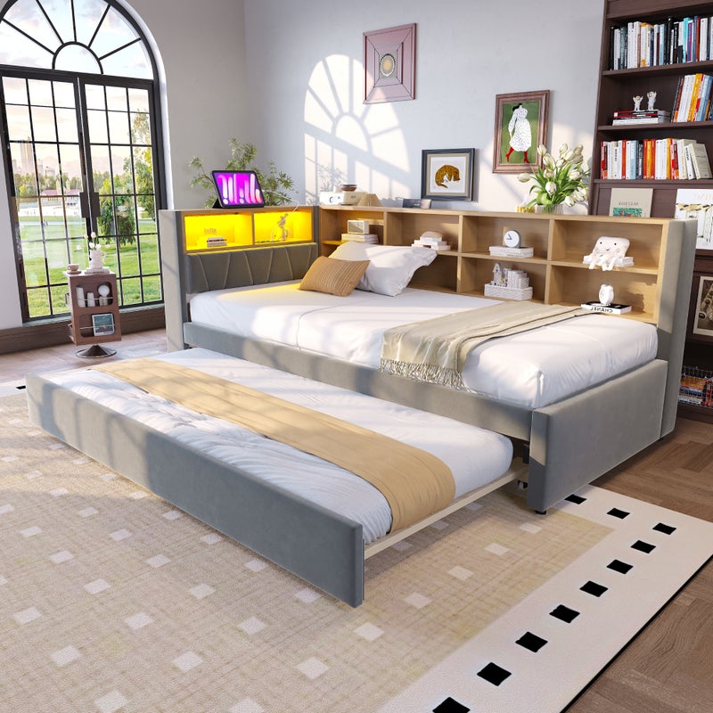 Sofa rozkładana 90*200, łóżko rozkładane 90*190, wyposażone w oświetlenie LED, gniazdka i wiele schowków, łóżko tapicerowane