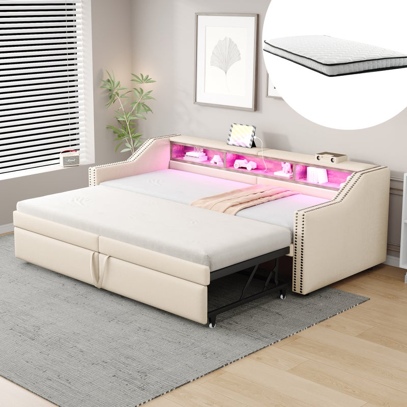 Łóżko tapicerowane rozkładana sofa 90/180 x 200 cm, wielofunkcyjny schowek, oświetlenie LED i gniazdo USB, z ramą z listew