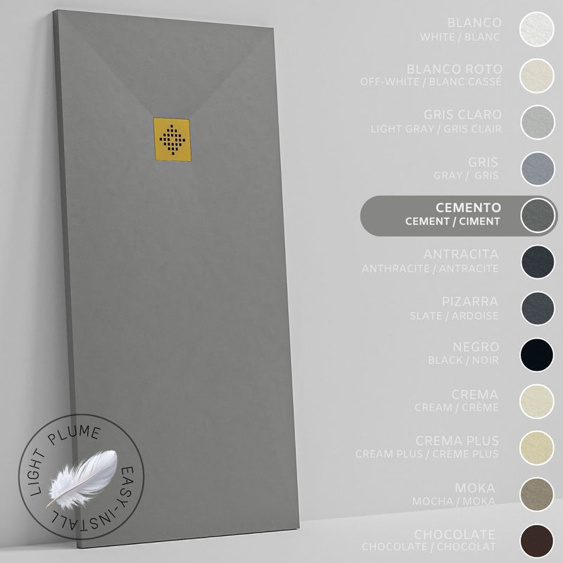 SOULHOME Lekki Brodzik z Żywicy tekstura Łupka cementowoszary – 75x75- cm Ultra-płaski Zawiera Syfon i Kratkę Gold