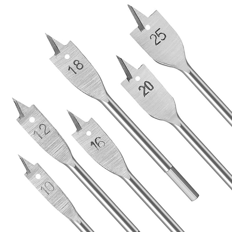 6 płaskich wierteł do drewna (10 mm, 12 mm, 16 mm, 18 mm, 20 mm, 25 mm), srebrne