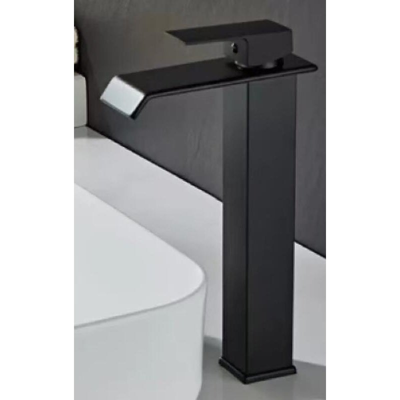 Bateria łazienkowa w stylu wodospadu – bateria jednootworowa z mieszaczem wody ciepłej i zimnej – prosta wylewka – wysoka – czarna: 17 x 6 x 30,5 cm