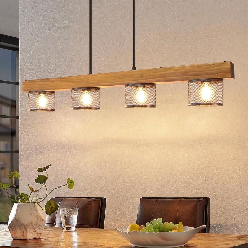 NETTLIFE Lampa wisząca z drewna w stylu vintage E14, industrialny żyrandol z 4 czarnymi metalowymi lampami do jadalni lub kuchni