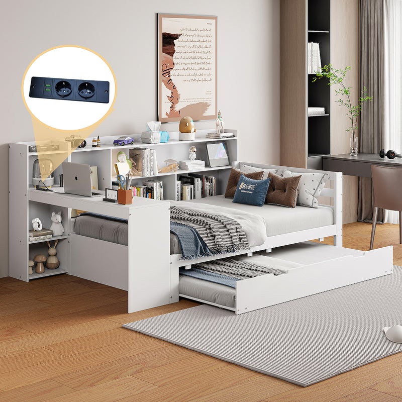Sofa rozkładana z litego drewna 90*200 cm, z biurkiem, regałami, schowkami i półkami, z gniazdkiem, łóżko z łóżkiem rozkładanym
