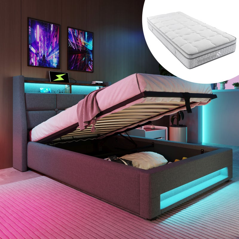 Łóżko tapicerowane z USB 90x200cm, łóżko pojedyncze LED z ramą listwową z metalowej ramy, rama łóżka z materiału lnianego