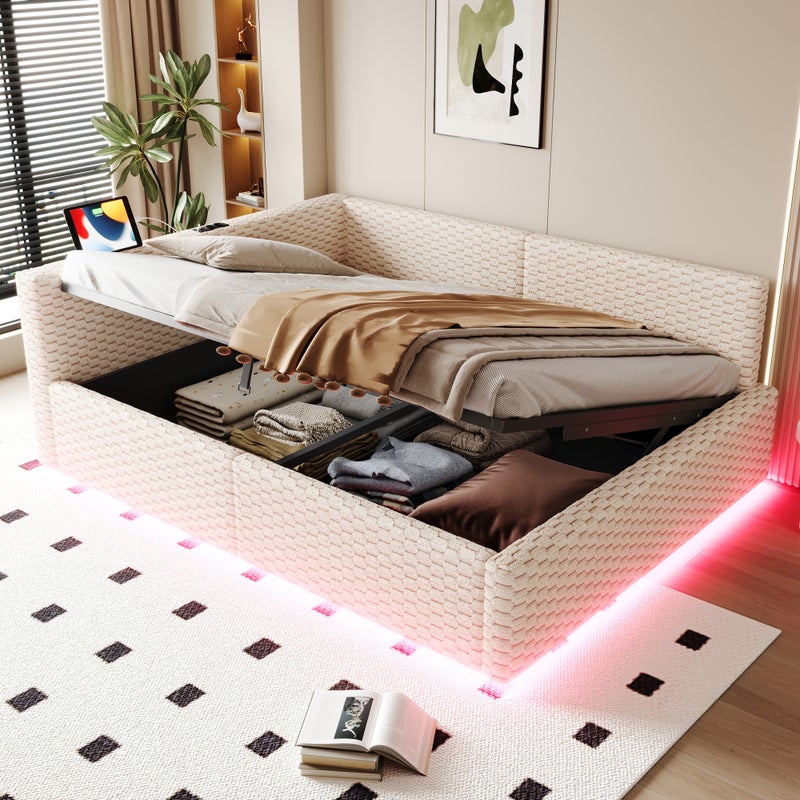 Łóżko tapicerowane 140 x 200 cm, z oświetleniem LED, taśmą C i dwoma portami USB, miękkie oparcie w kształcie litery L, tkanina aksamitna