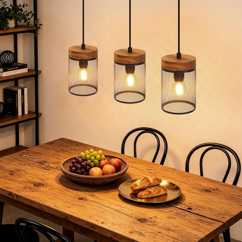 NETTLIFE Lampa wisząca Vintage E14, żyrandol industrialny z 3 światłami, drewno i czarny metal, do jadalni lub kuchni, żarówki nie są dołączone