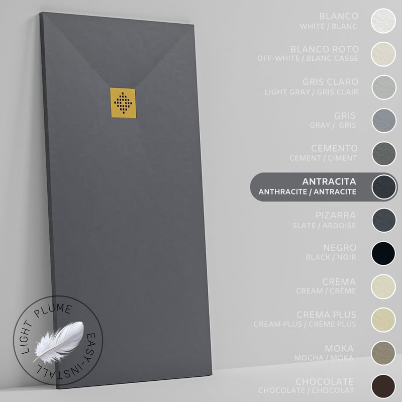 SOULHOME Lekki Brodzik z Żywicy tekstura Łupka antracytowy – 150x100- cm Ultra-płaski Zawiera Syfon i Kratkę Gold