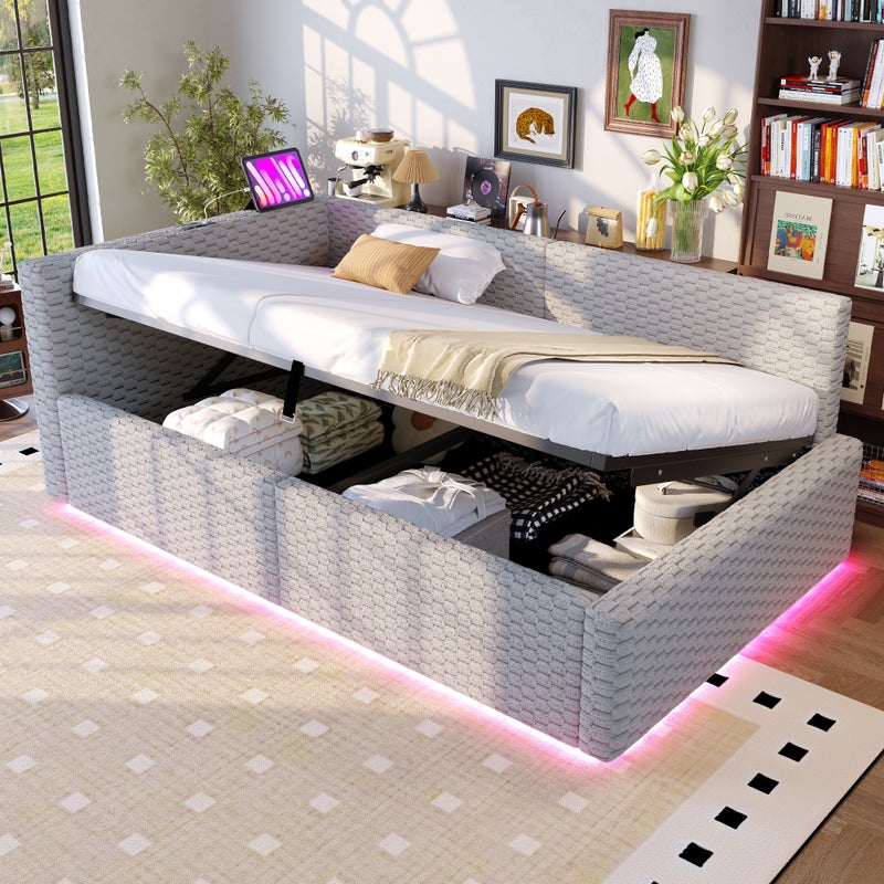 Łóżko tapicerowane 90 x 200 cm, z oświetleniem LED, taśmą C i dwoma portami USB, miękkie oparcie w kształcie litery L, tkanina aksamitna