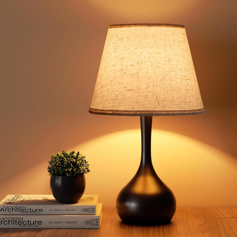 Lampka nocna, lampa stołowa w stylu rustykalnym, regulowana jasność (3 poziomy), ściemniacz obrotowy, z abażurem z tkaniny.