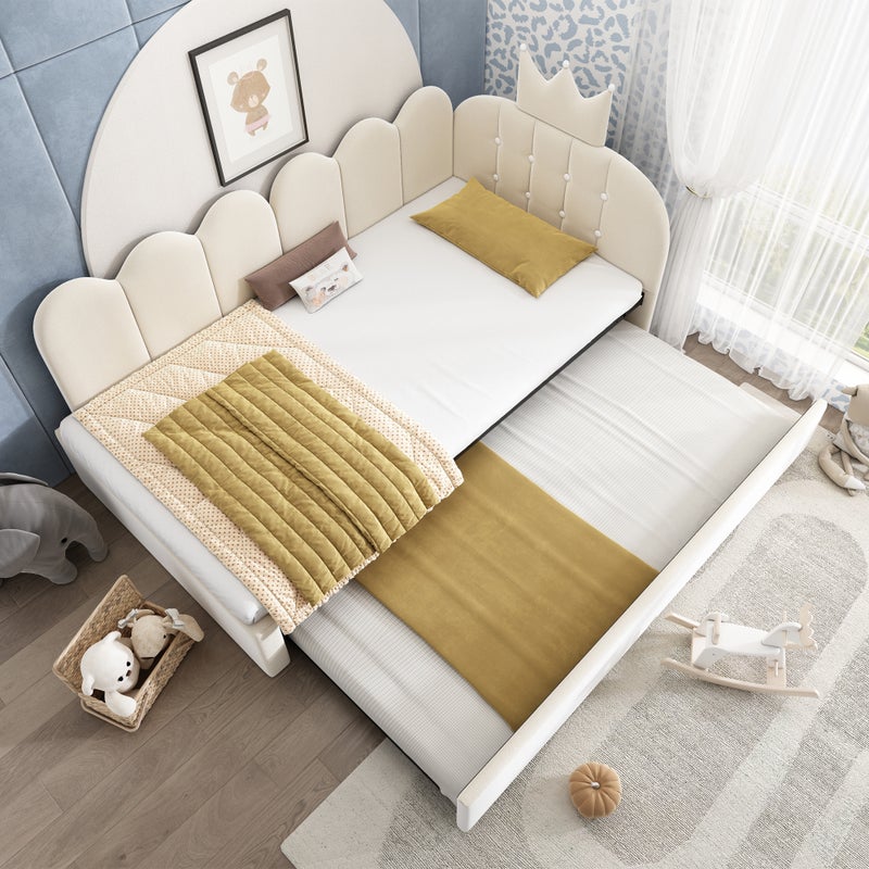 Sofa rozkładana 90x200 cm z łóżkiem rozkładanym, łóżko pojedyncze 90x190 cm dla gości, kształt litery L, aksamit, beż, wzór siatki w kształcie korony