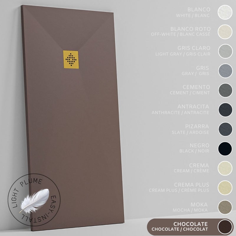 SOULHOME Lekki Brodzik z Żywicy tekstura Łupka czekoladowy – 60X60- cm Ultra-płaski Zawiera Syfon i Kratkę Gold