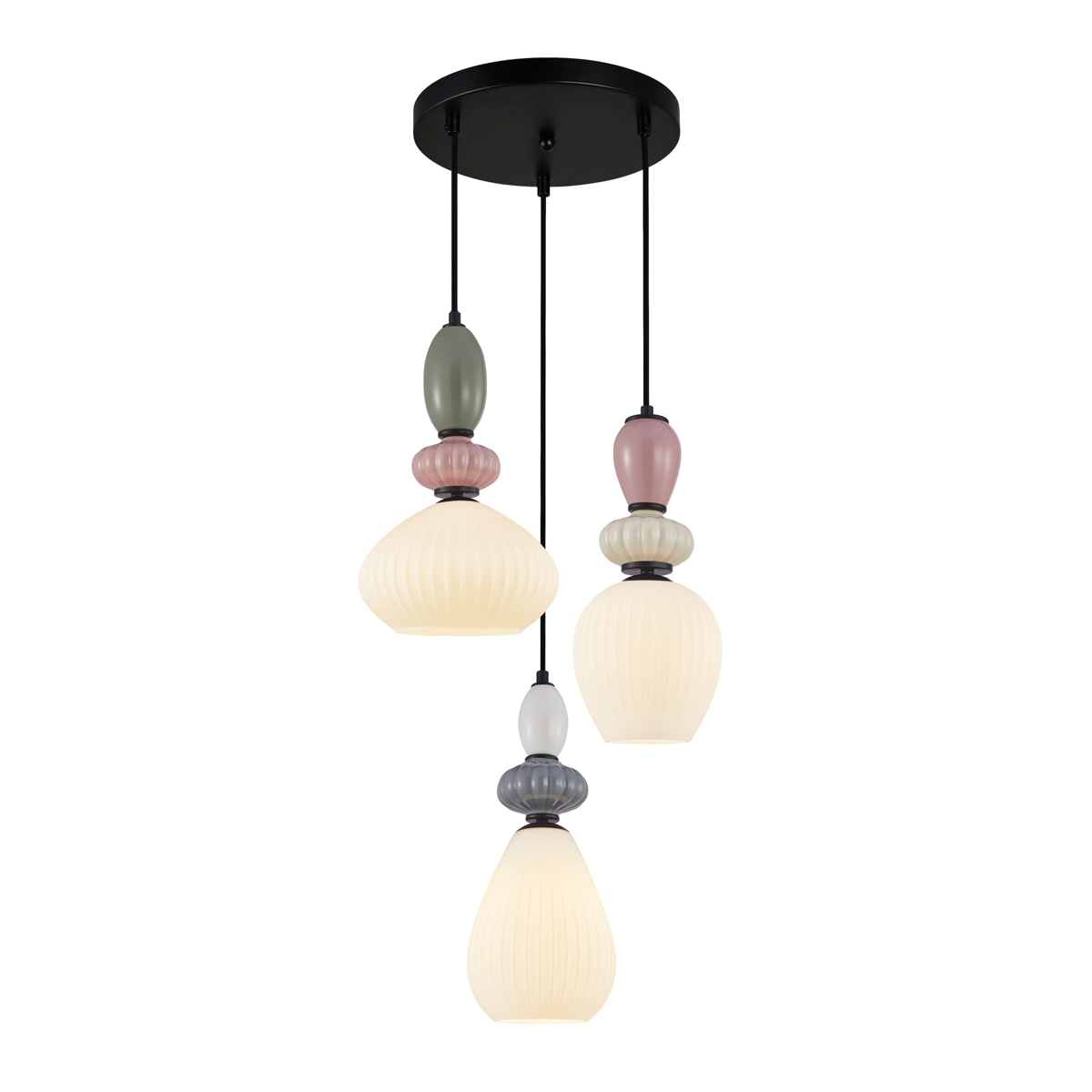ALTRA lampa wisząca czarna klosze białe ryflowane kolorowa ceramika 3xE27 PND-36787-3-BK-WH