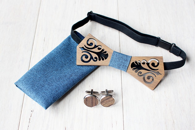 Zestaw z drewnianą muszką FOLK denim blue