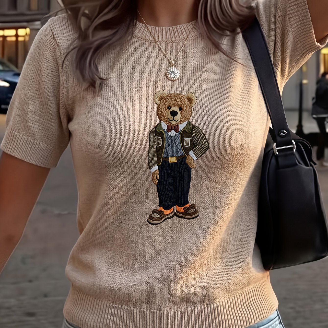 TEMU Damska modna koszulka z krótkim rękawem i okrągłym dekoltem, z nadrukiem małego mądrego misia, łatwa i uniwersalna koszulka w stylu casual,