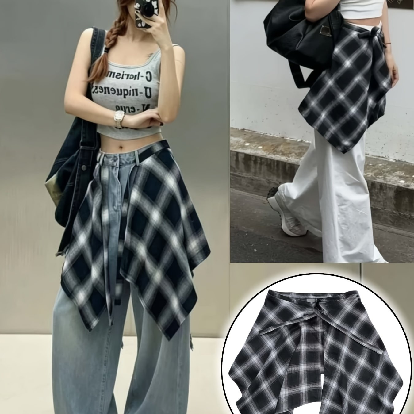 TEMU Spódnica w stylu amerykańskim vintage w japońskim i koreańskim stylu, w kratę z falbanką przy dole, z kreatywnym wiązaniem w pasie, elegancka i