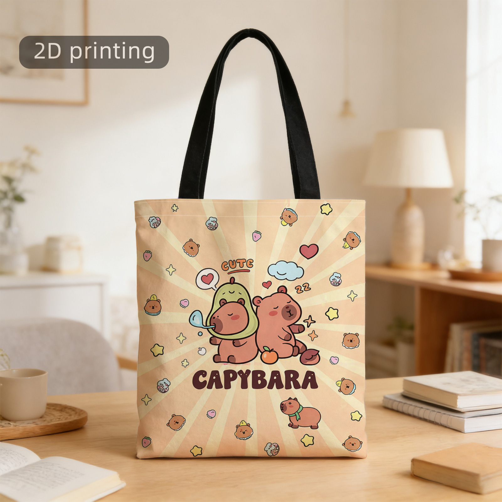 TEMU 1 szt. Torba tote z nadrukiem 2D, Urocza, Kapibara, Postacie z kreskówek, , Chmura, Wielokrotnego użytku, Stylowa torba na ramię, Torba tote,