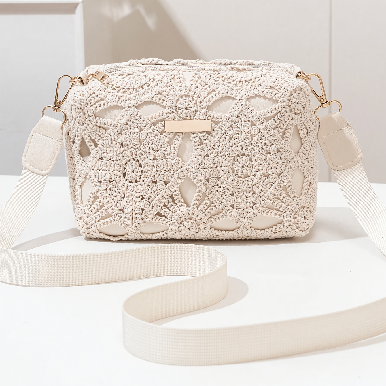 TEMU Elegancka Damska Torba Crossbody w Jednolitym Kolorze, Modna Torba na Kamery z Szydełka, Uniwersalna Mała Kwadratowa Torba, Codzienna Torba na